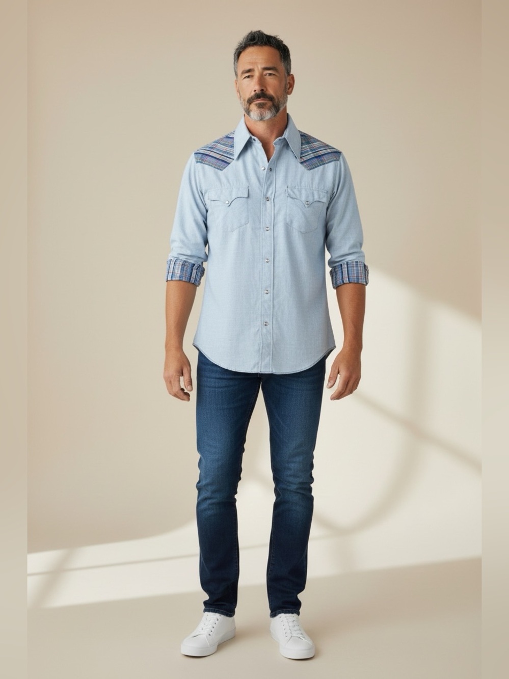 Karman Western Pearl Snap Shirt Blue Plaid Cowboy Ranch 15.5 neck